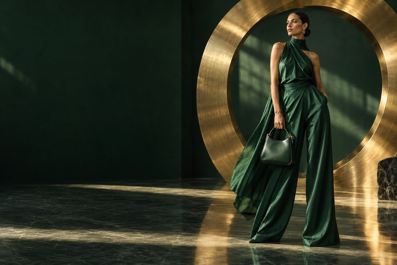 Woman in flowing emerald silk beside a gold circular portal