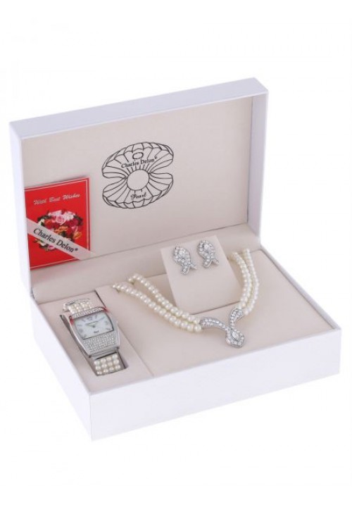 Charles Delon Women's Mother of Pearl Dial Metal Band Watch Gift Set